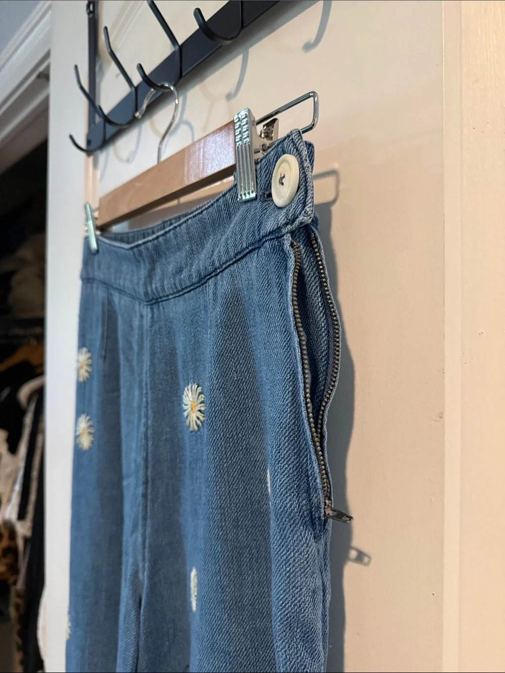 Free People Blue Denim Wide-Leg Pants with Daisy Embroidery